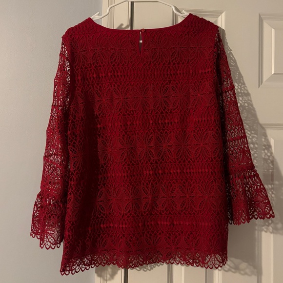 Red Lace Overlay 3/4 Bell Sleeve Top - Picture 3 of 5